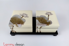Set of 2 white square boxes hand-painted with lotus included with stand 12*H8cm